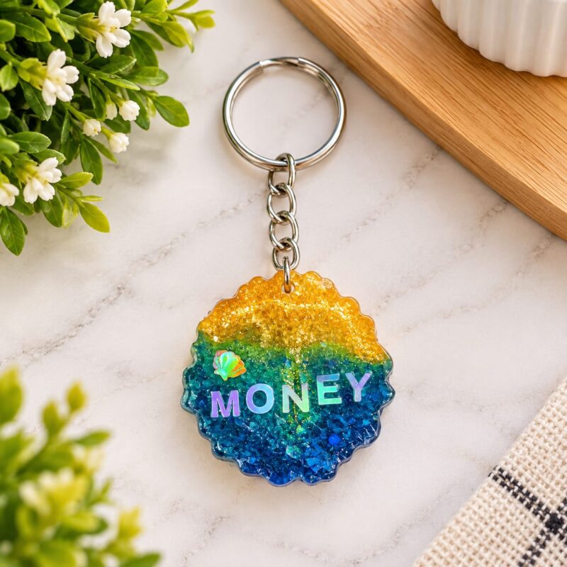 Resin Keychain – Handmade Glitter Epoxy Key Ring with Colorful Money Design